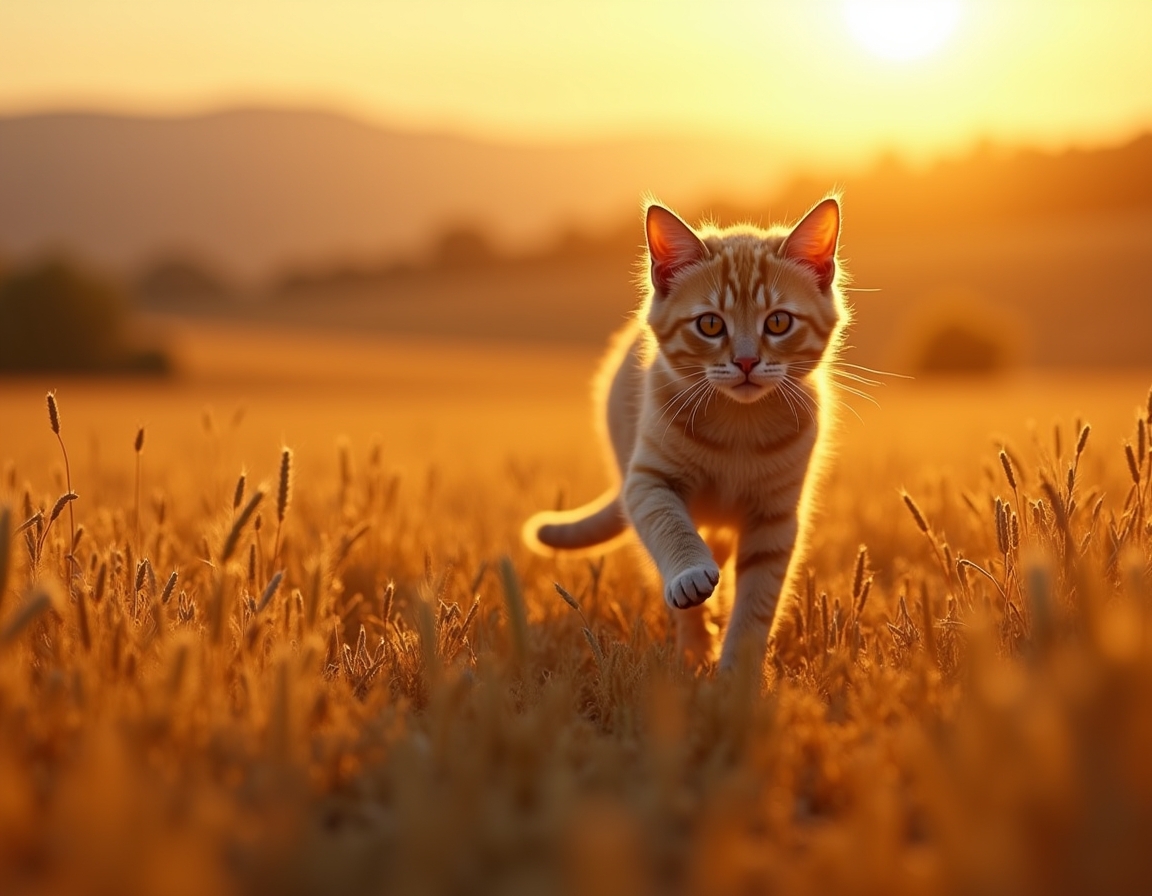Cat sprints joyfully through a golden field, surrounded by waving wheat and warm light.