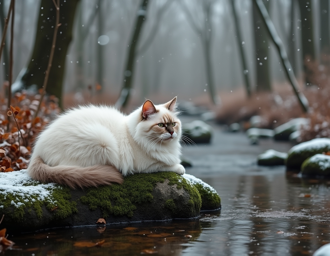 Cat relaxes on a mossy rock in a snowy woodland clearing, surrounded by snow-dusted trees and a peaceful stream, creating a tranquil moment in nature.