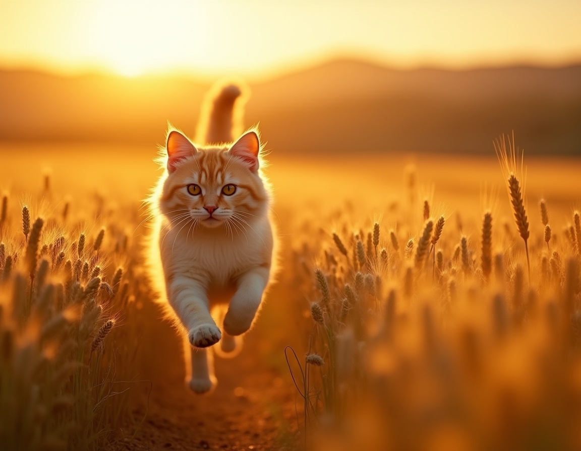 Cat sprints joyfully through a golden field, surrounded by waving wheat and warm light.