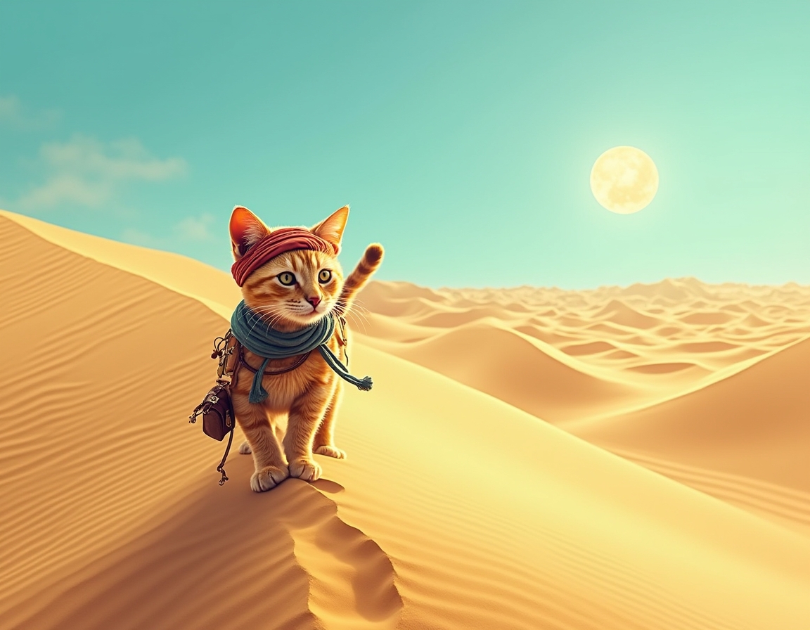 Cat crosses vast desert dunes, guided by the sun’s relentless heat and the promise of hidden oases. The scene is filled with swirling sand, vibrant skies, and an air of adventurous determination.