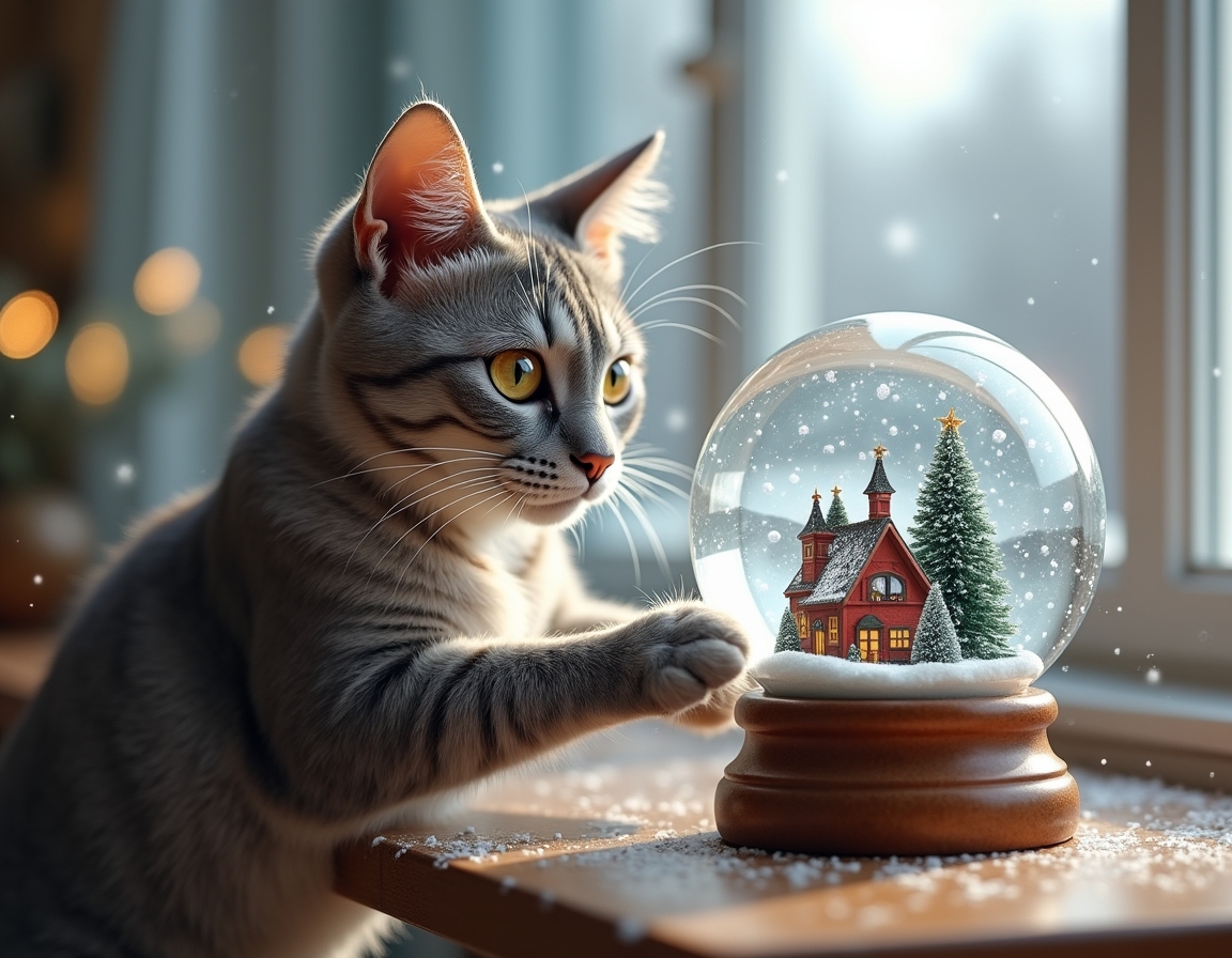 Playful cat bats at a snow globe on a table, mesmerized by the swirling snowflakes inside. The globe features a miniature Christmas village, while a snowy landscape is visible through the window in the background, enhancing the festive atmosphere.