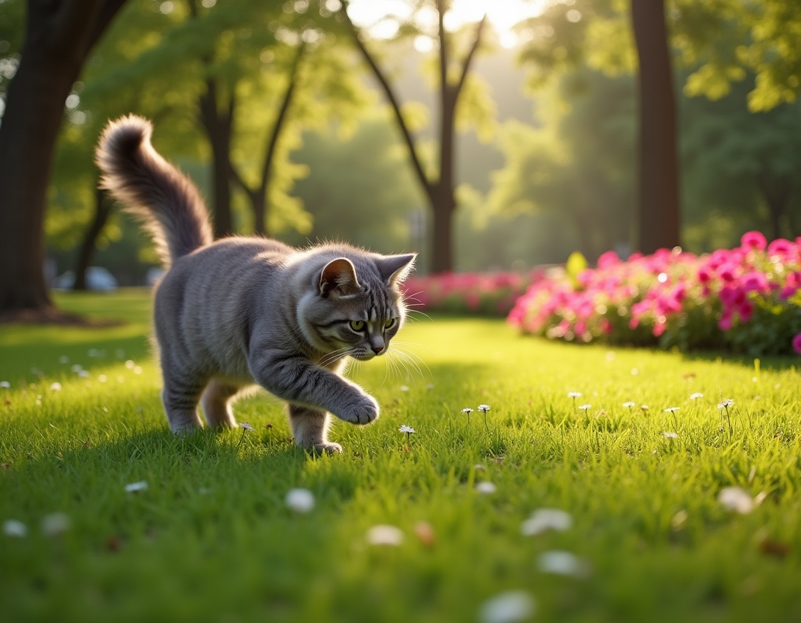 Cat enjoys a lively city park, playing and exploring the greenery amidst the urban backdrop.
