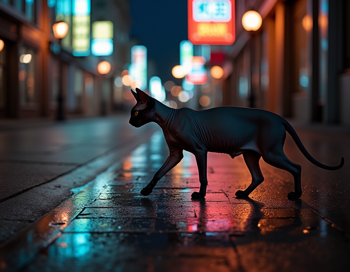 Cat walks through an illuminated cityscape, surrounded by vibrant lights and a serene vibe.