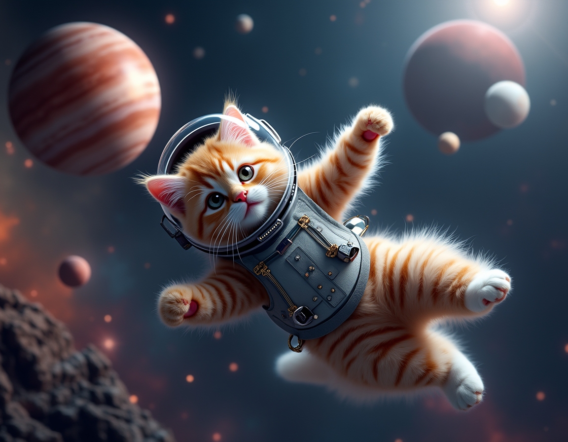 Cat floats weightlessly in space, wearing a high-tech spacesuit. Vibrant planets, shining stars, and distant nebulae create a stunning cosmic backdrop.