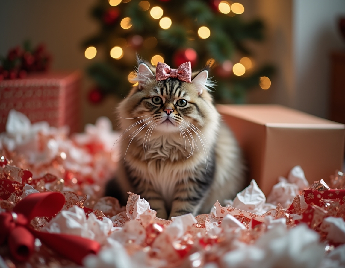 Playful cat surrounded by crumpled wrapping paper, ribbons, and empty boxes, with a shiny bow on its head. Christmas decorations and half-wrapped presents complete the festive scene.