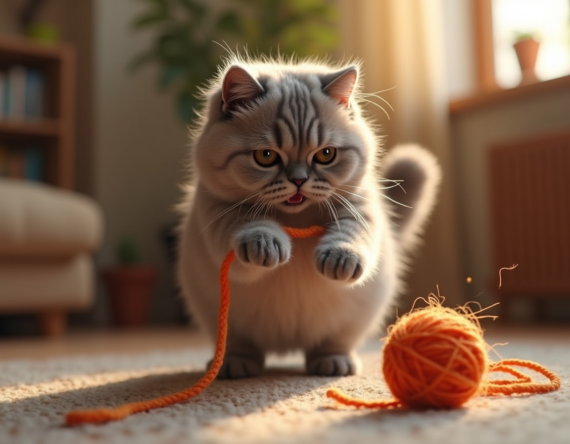 Cat pounces on a colorful ball of yarn on a wooden floor. The scene is bathed in soft sunlight streaming through a window, with a cozy room in the background.