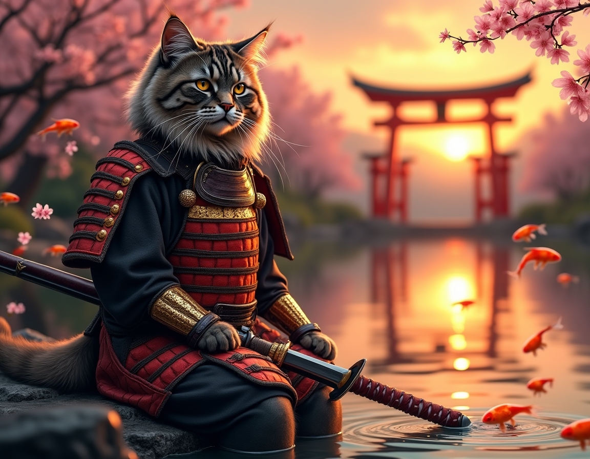 Cat dressed in ornate samurai armor sits in a serene Japanese garden at sunset. Cherry blossoms fall gently, and a koi pond reflects the golden light of the sky.