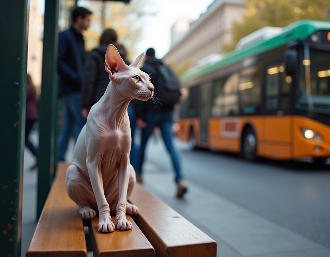 Cat observes the activity of a city bus stop, soaking in the energy of urban life.