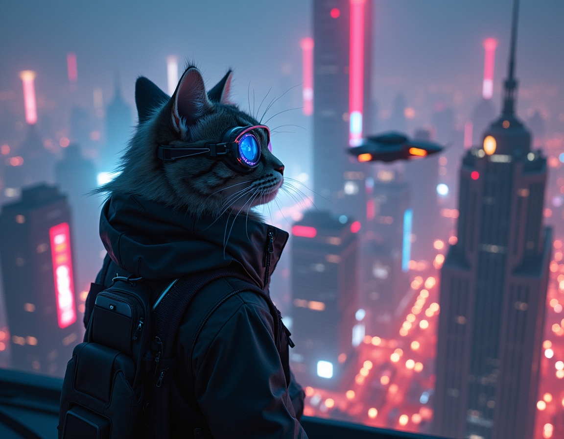 Cat stands on a futuristic skyscraper rooftop, wearing glowing cybernetic goggles. A neon-lit cityscape with flying cars and holograms stretches below.
