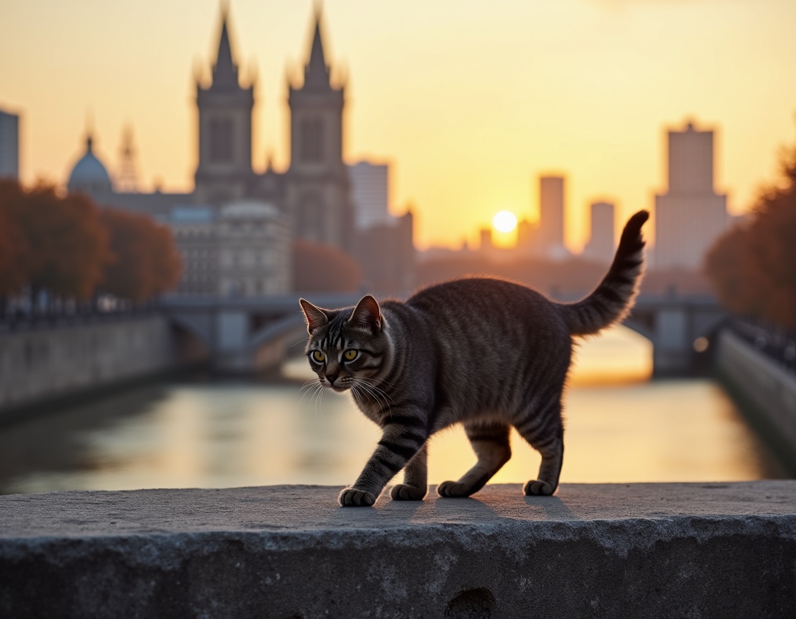 Cat explores a scenic urban bridge, taking in the breathtaking views of the skyline.