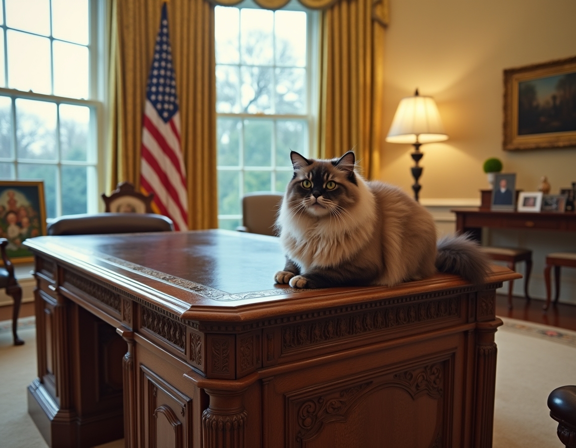 Cat perched on the Resolute Desk in the Oval Office, basking in the dignified atmosphere of the new administration.