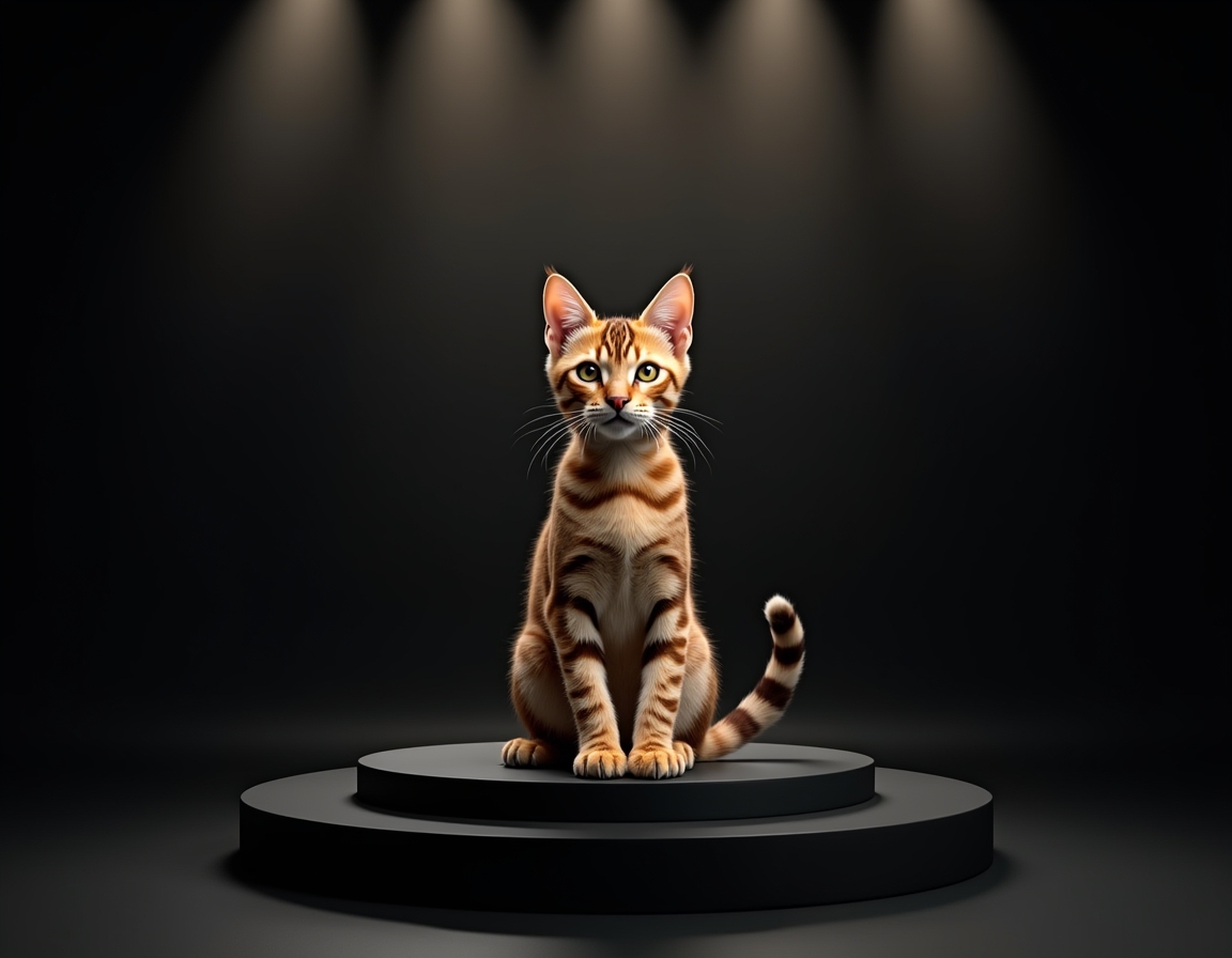 Photorealistic studio portrait of cat sitting elegantly on a black podium under a bright spotlight.