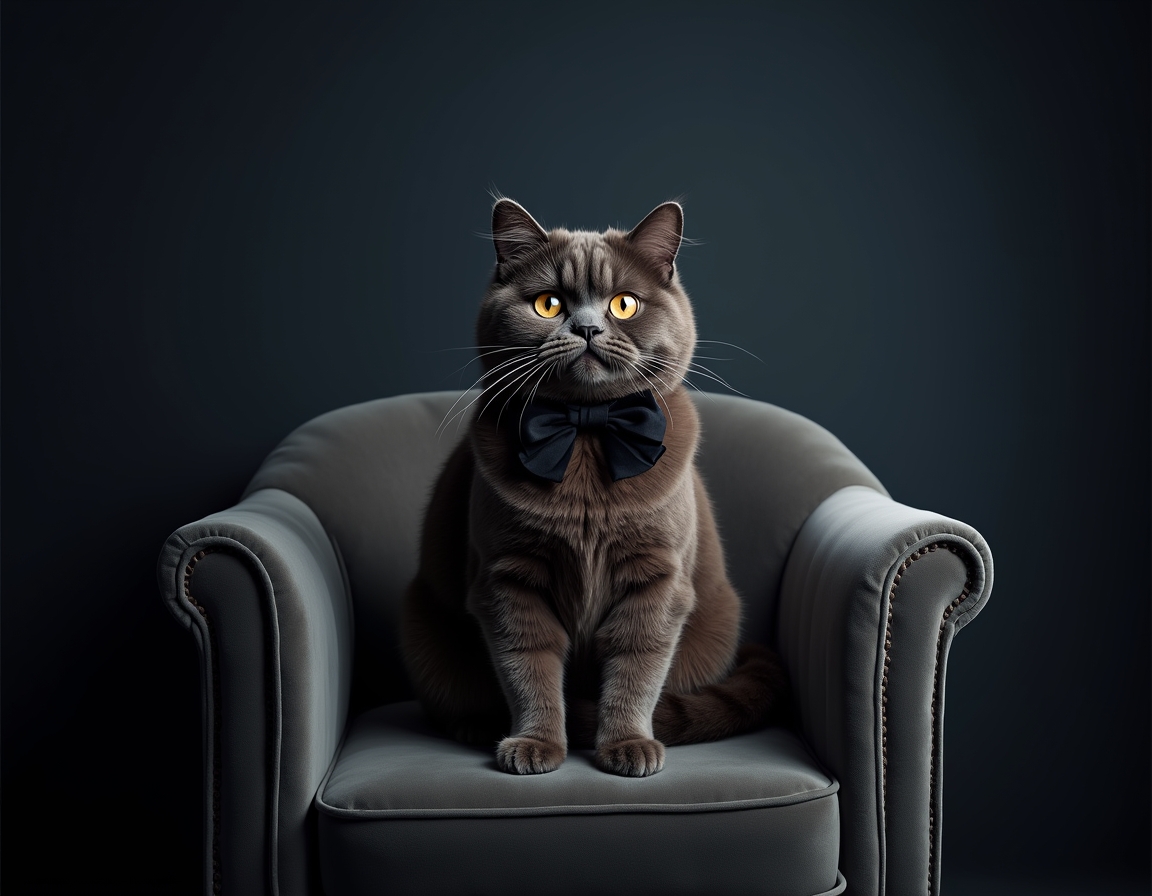 Photorealistic image of cat posed on a luxurious velvet chair in a studio. The backdrop is a deep navy blue with soft spotlighting that highlights the cat's fur and a sleek black bowtie, giving the scene a sophisticated, formal atmosphere.