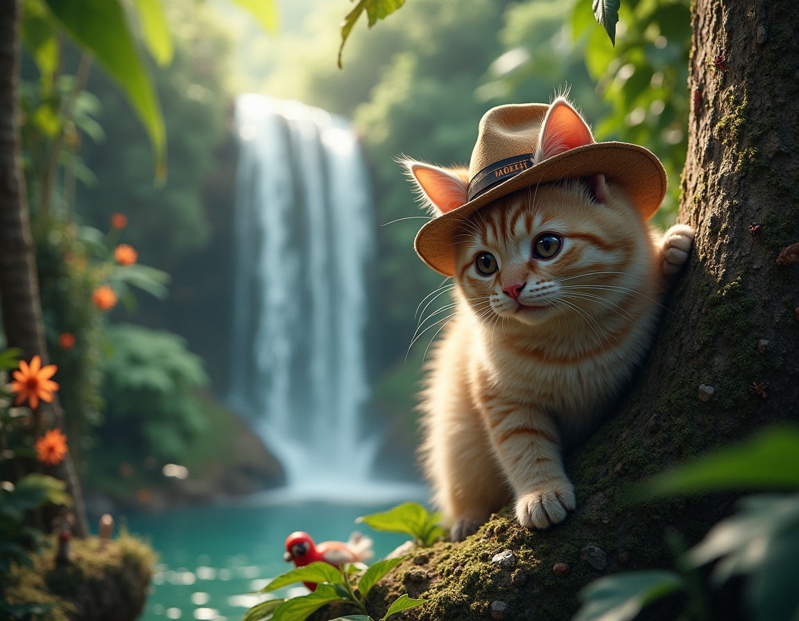 Cat wearing an explorer’s hat climbs a tree in a lush jungle. Waterfalls and dense greenery surround the scene, with sunlight filtering through the canopy.