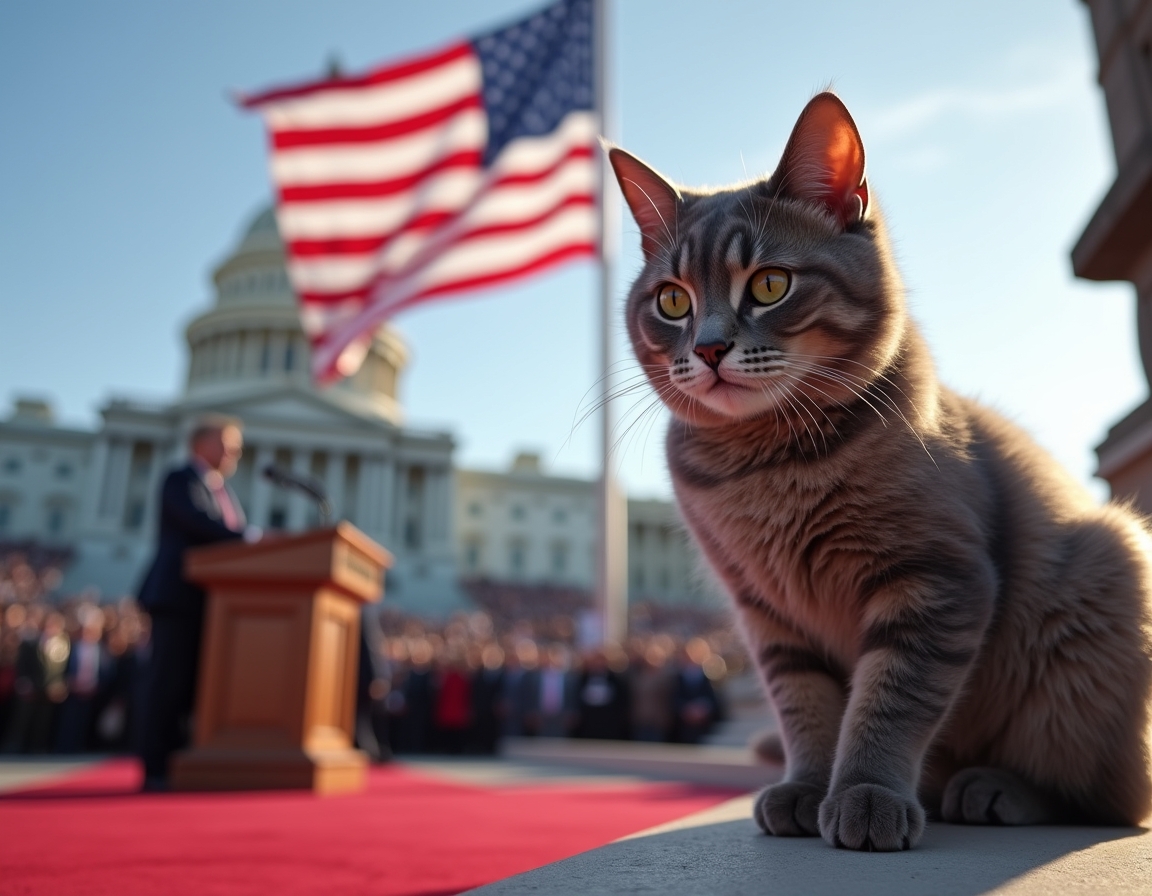 Cat on the Capitol steps during a historic inauguration, surrounded by flags and cheering crowds.