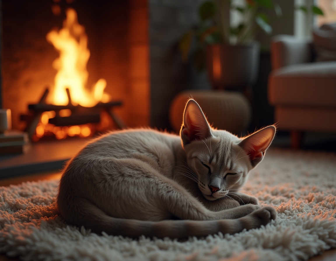 Cat is curled up on a plush rug in front of a glowing fireplace. Its fur glistens in the warm firelight, with cozy living room details like books and candles in the background.