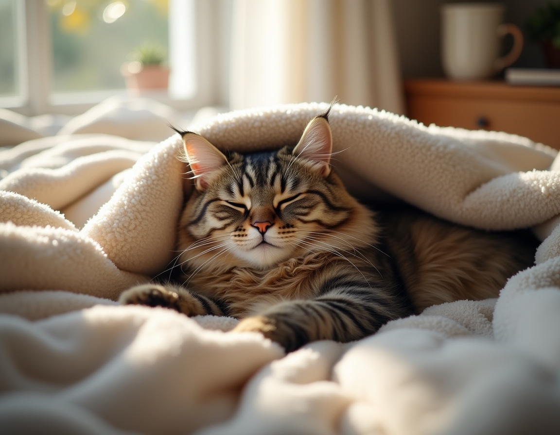Cat is nestled under soft blankets on a bed, its eyes half-closed in peaceful relaxation. Morning sunlight streams through a nearby window, highlighting the soft textures of the bedding.