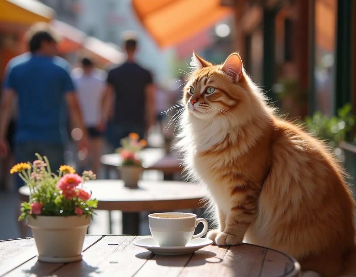 Cat sits contentedly at an outdoor cafe, enjoying the bustling streets and warm sunlight.