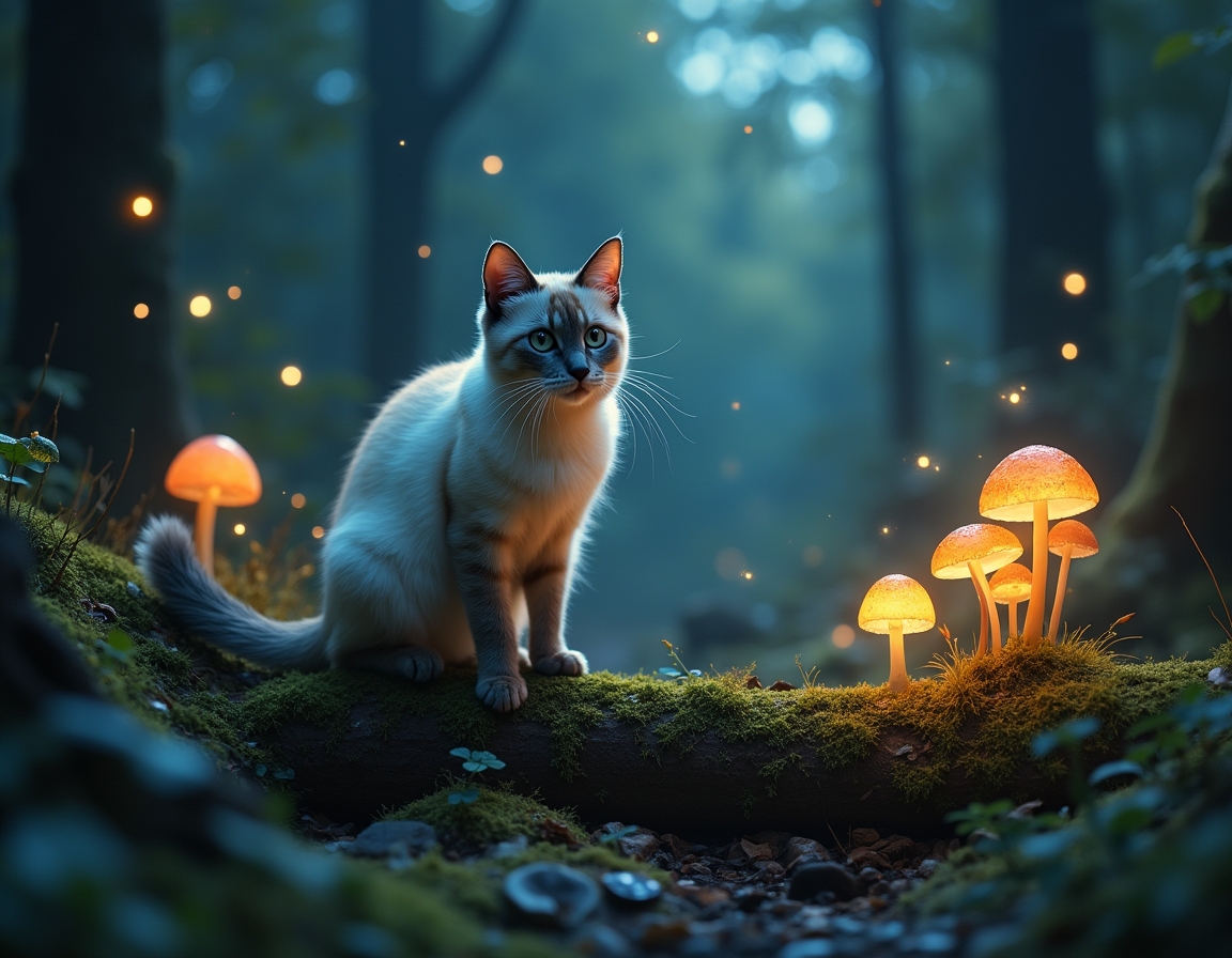 Cat explores a twilight forest alive with bioluminescent mushrooms, sparkling fireflies, and fluttering fairies. The scene captures a sense of enchantment and mystery under the soft glow of moonlight.
