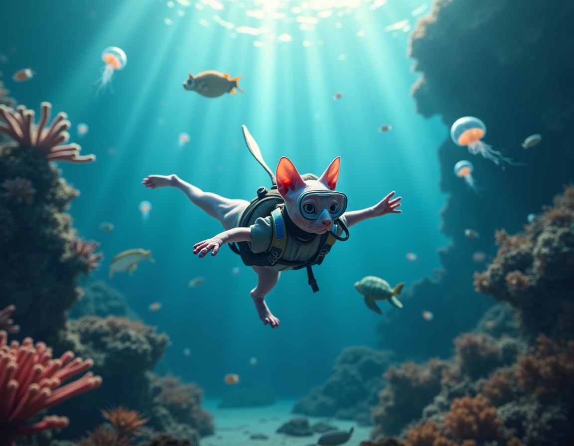 Cat in a wetsuit and diving mask swims through a vibrant underwater scene, surrounded by glowing jellyfish, colorful fish, and coral reefs illuminated by sunlight.