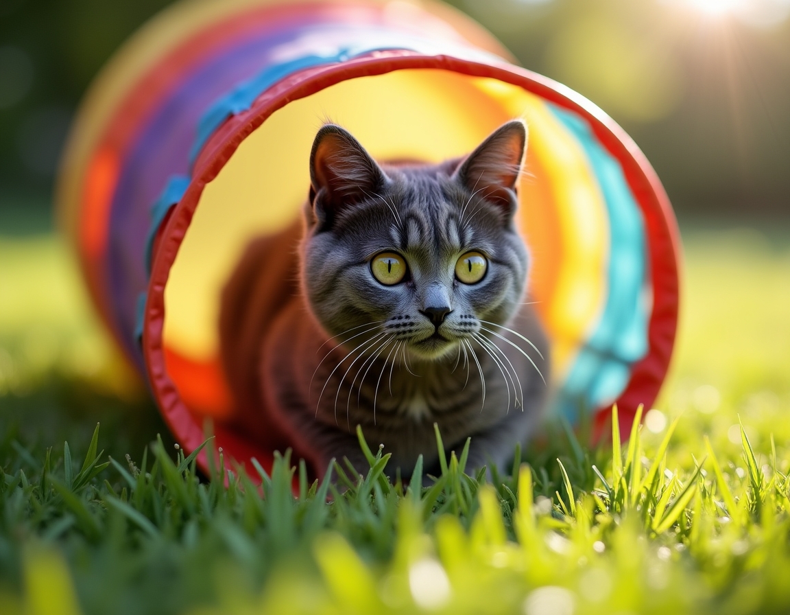 Cat explores a colorful play tunnel in a lively garden, its curious expression capturing the playful moment.