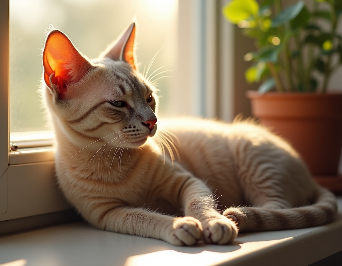 Relaxed cat lies on a sunlit windowsill, its fur glowing in the soft afternoon light. A small potted plant sits nearby, and the blurred background reveals trees outside.