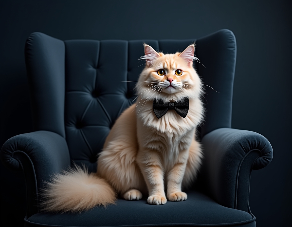 Photorealistic image of cat posed on a luxurious velvet chair in a studio. The backdrop is a deep navy blue with soft spotlighting that highlights the cat's fur and a sleek black bowtie, giving the scene a sophisticated, formal atmosphere.