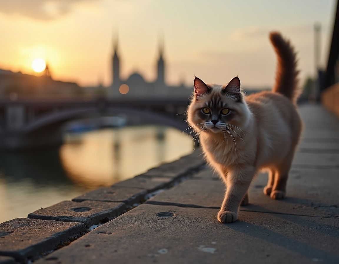 Cat explores a scenic urban bridge, taking in the breathtaking views of the skyline.