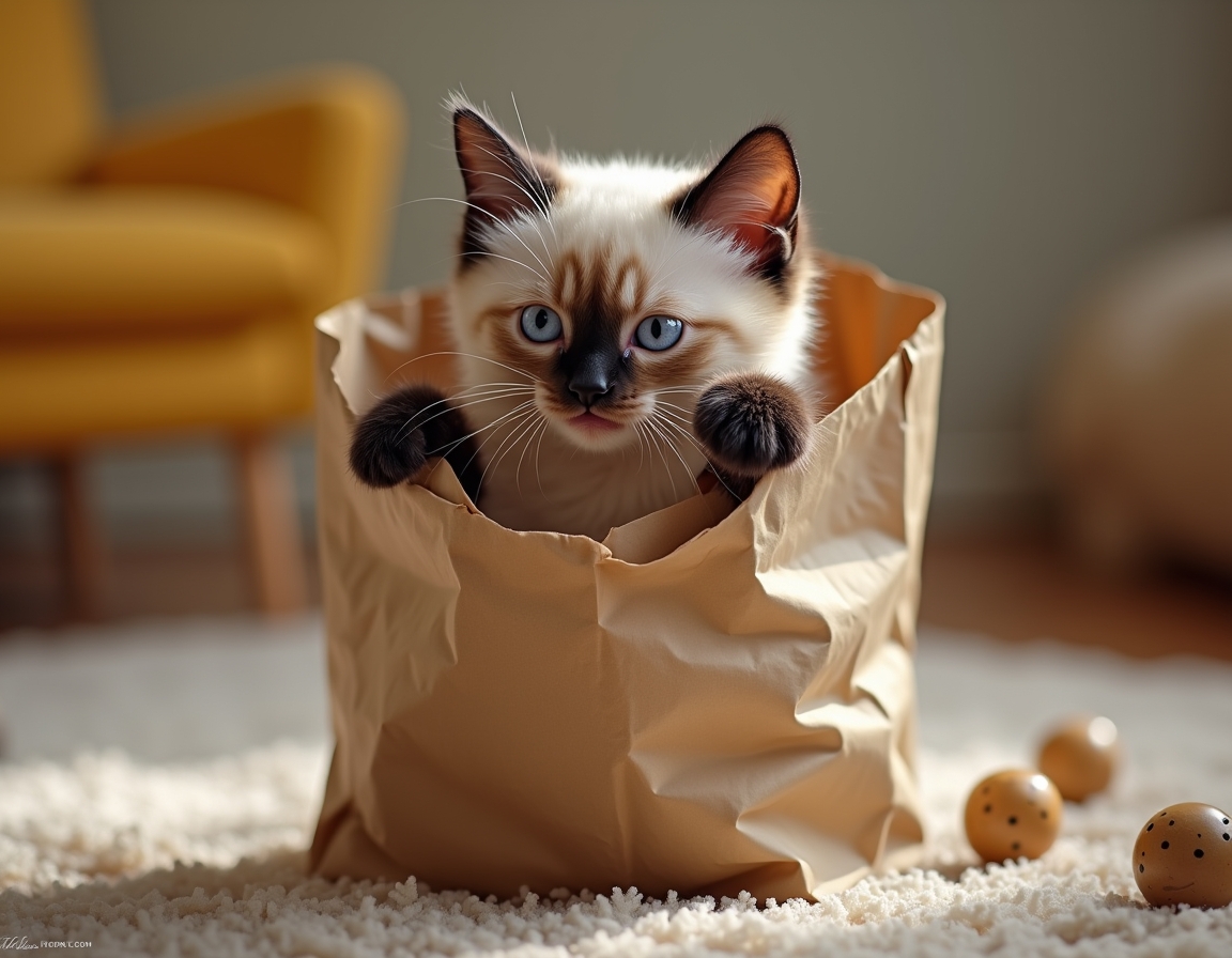 Cat hides partly inside a crumpled paper bag, with its paws playfully batting at the edges. The room features cozy decor with soft lighting and homey furniture.