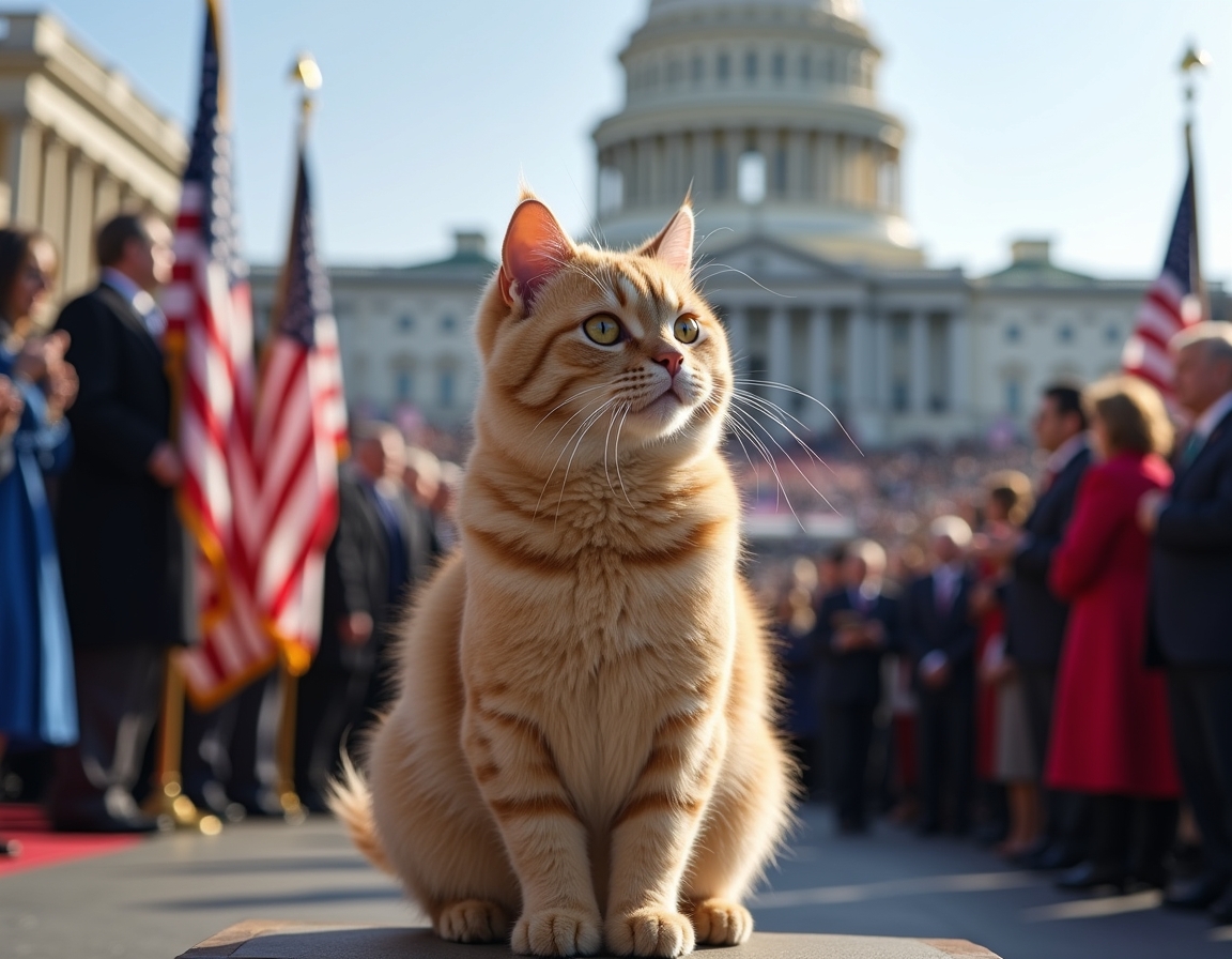 Cat on the Capitol steps during a historic inauguration, surrounded by flags and cheering crowds.