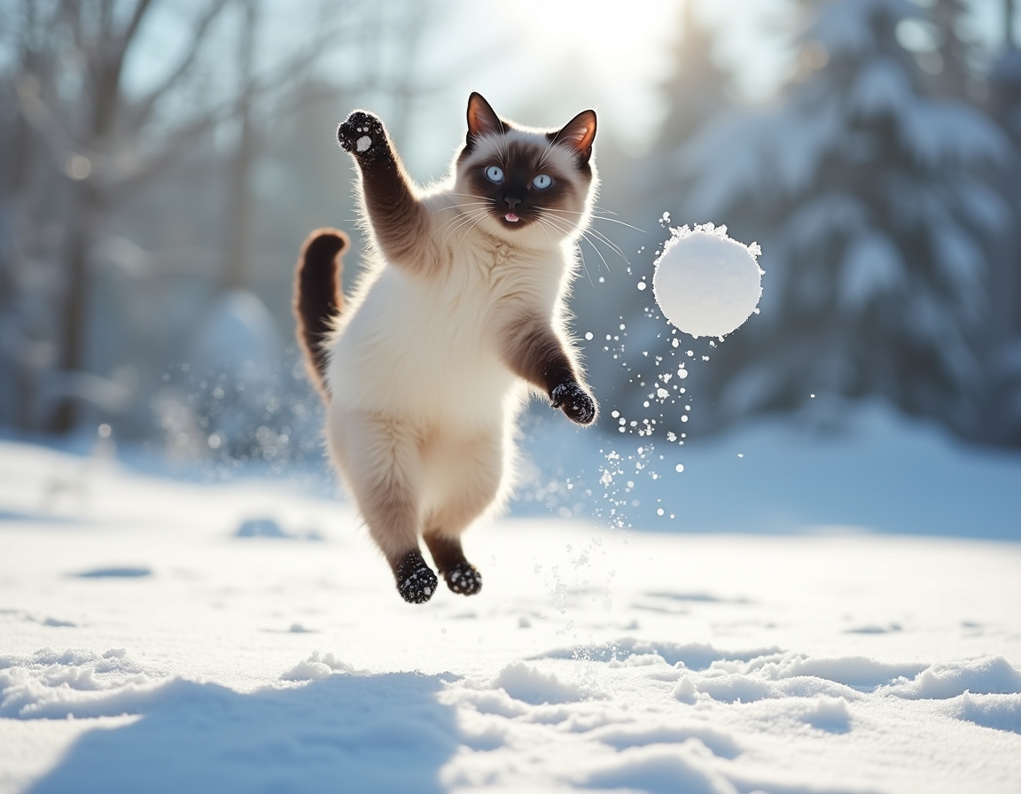 Cat leaps into the air, playfully trying to catch a snowball as it enjoys the winter wonderland with enthusiasm and excitement.