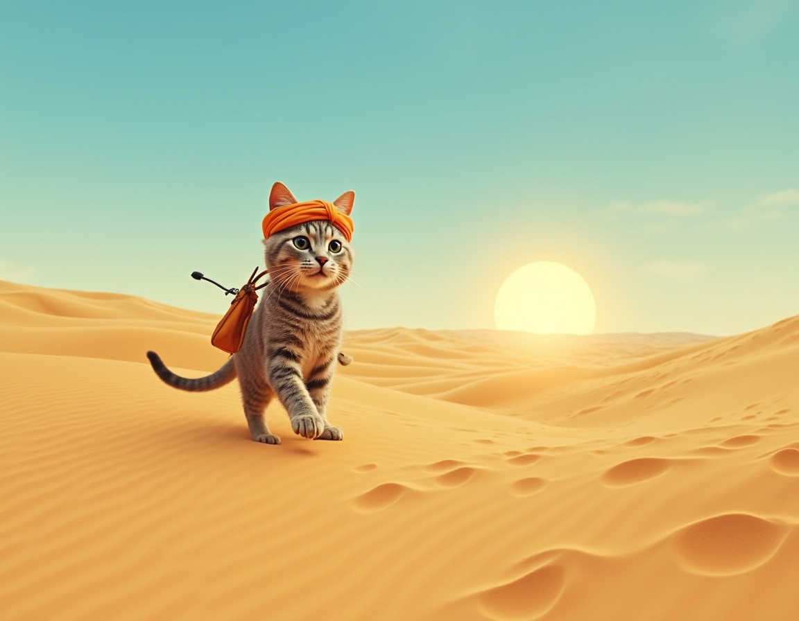 Cat crosses vast desert dunes, guided by the sun’s relentless heat and the promise of hidden oases. The scene is filled with swirling sand, vibrant skies, and an air of adventurous determination.