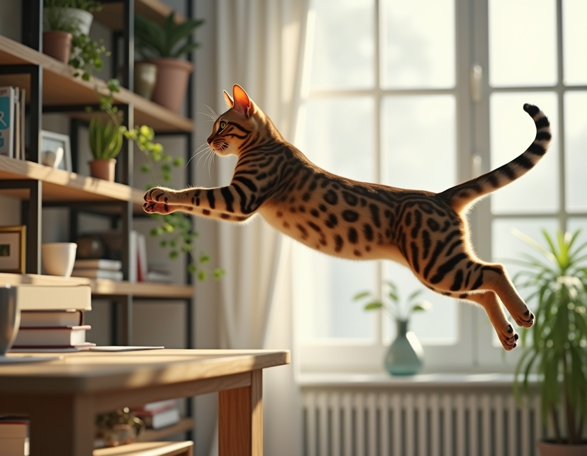 Cat leaps toward a tall shelf filled with books, plants, and framed photos. The room is well-lit with natural light, highlighting the cat’s graceful movement.