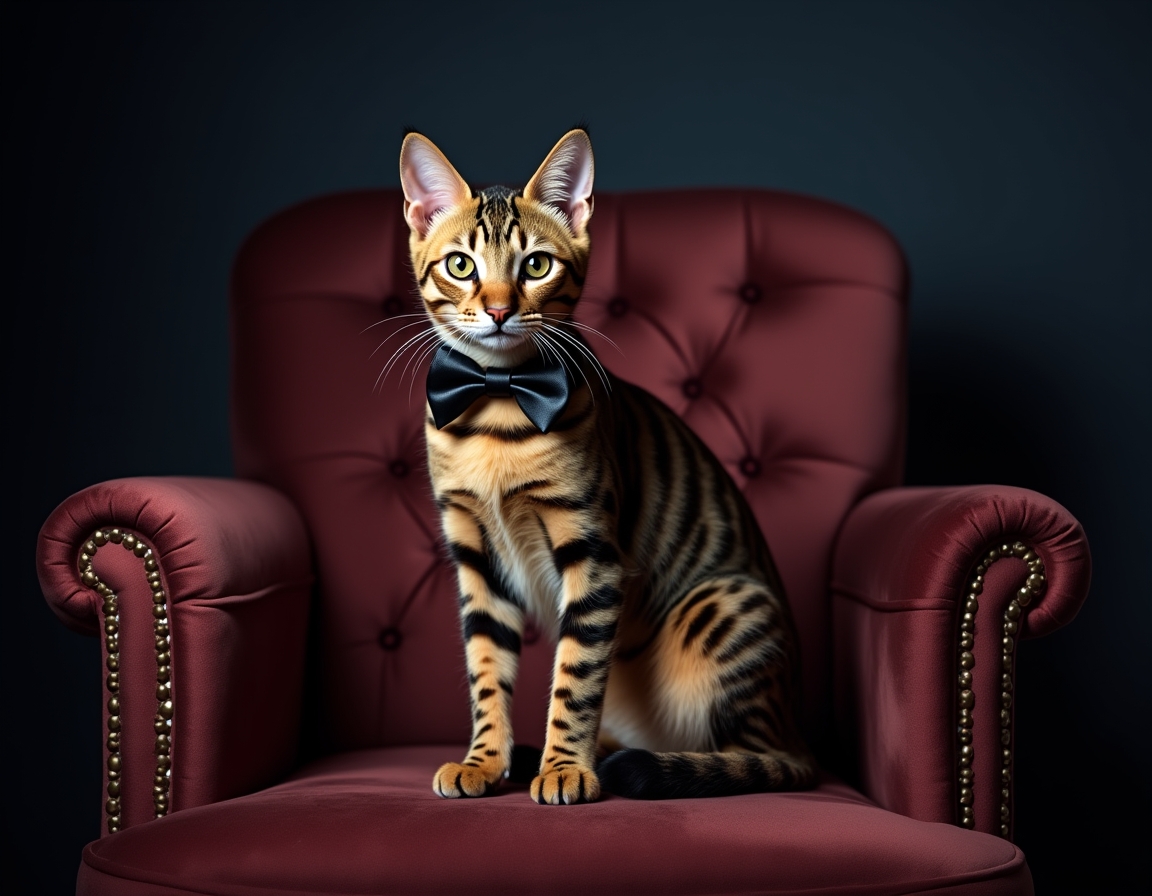 Photorealistic image of cat posed on a luxurious velvet chair in a studio. The backdrop is a deep navy blue with soft spotlighting that highlights the cat's fur and a sleek black bowtie, giving the scene a sophisticated, formal atmosphere.