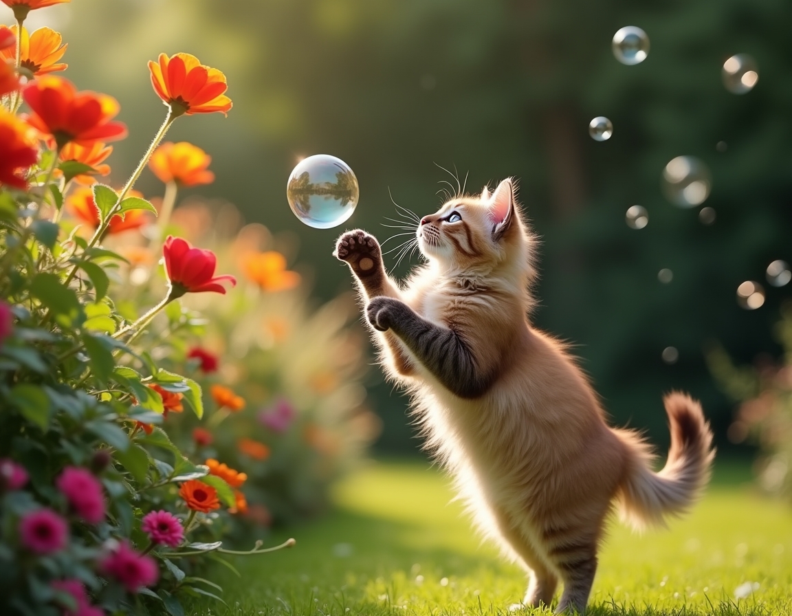Cat leaps gracefully at a floating bubble, surrounded by a vibrant garden filled with flowers and greenery.