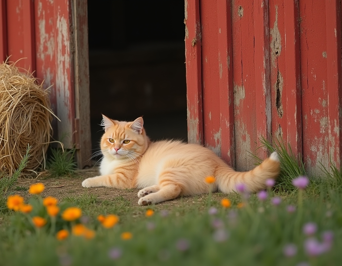 Cat rests peacefully near a barn, enjoying the tranquility of the countryside.