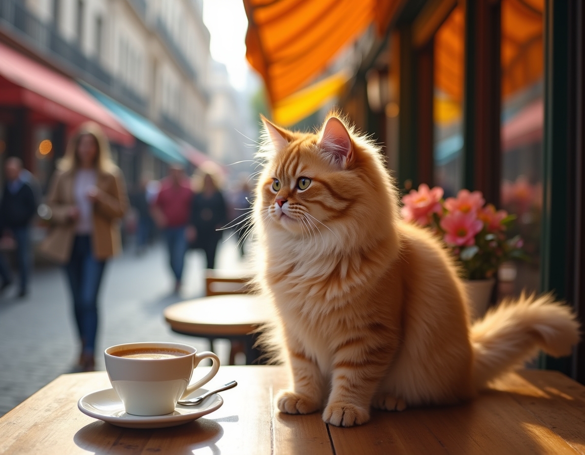 Cat sits contentedly at an outdoor cafe, enjoying the bustling streets and warm sunlight.
