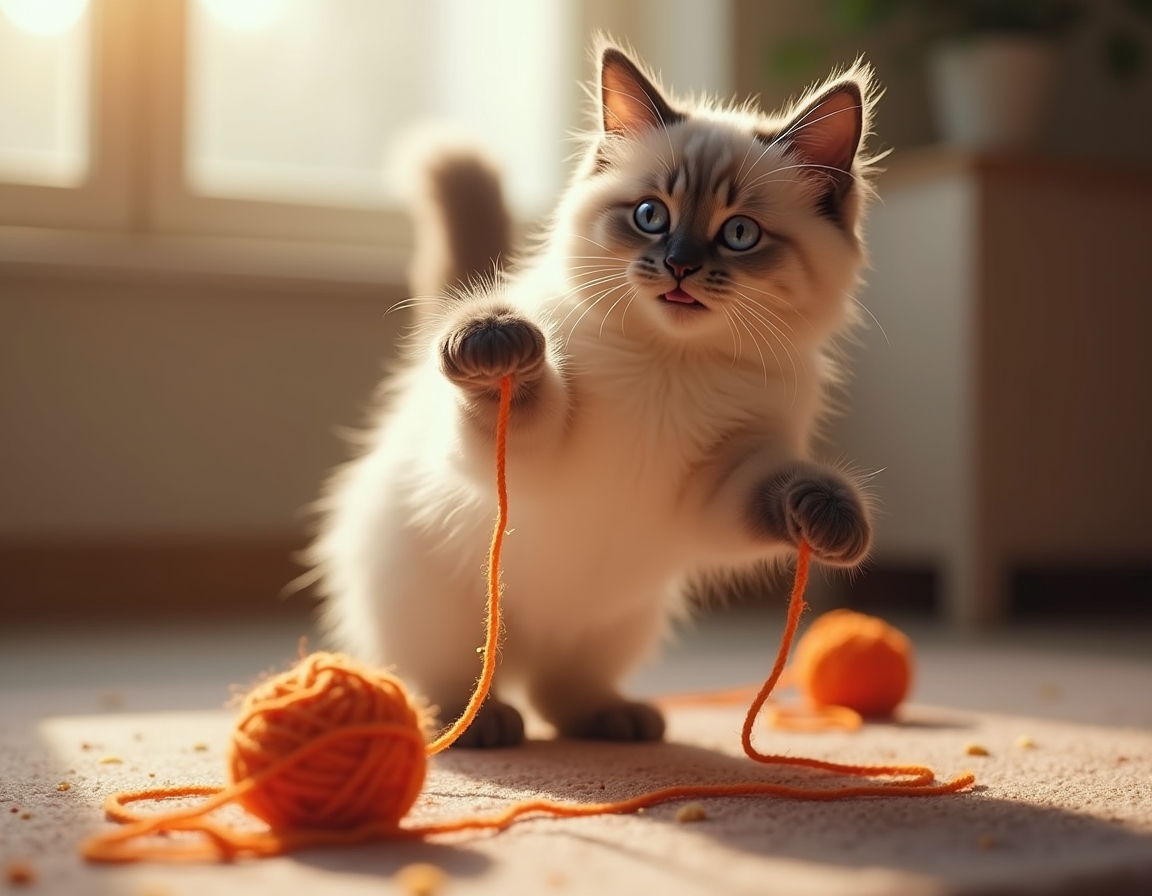 Cat pounces on a colorful ball of yarn on a wooden floor. The scene is bathed in soft sunlight streaming through a window, with a cozy room in the background.