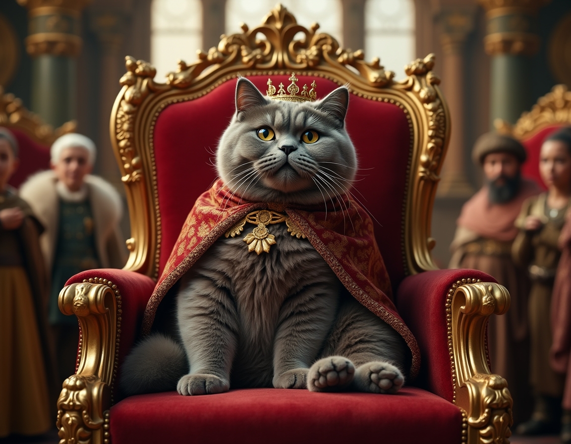 Cat poses regally on a golden throne inside a castle, wearing a crown and cape. Ornate royal decorations surround the scene.