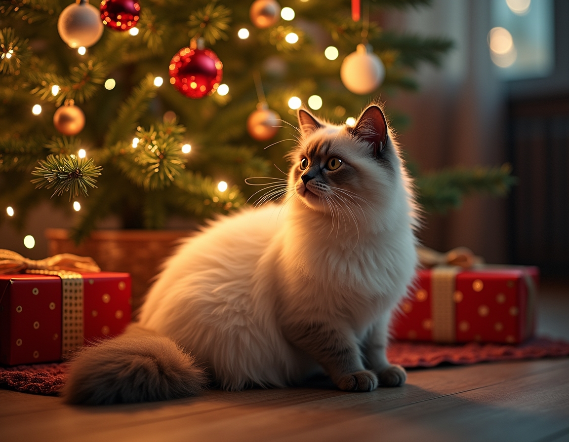 Cat sitting under a beautifully decorated Christmas tree, surrounded by twinkling lights, ornaments, and wrapped presents, with a warm, cozy glow.