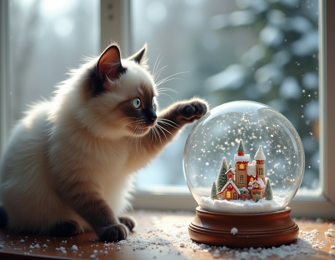 Playful cat bats at a snow globe on a table, mesmerized by the swirling snowflakes inside. The globe features a miniature Christmas village, while a snowy landscape is visible through the window in the background, enhancing the festive atmosphere.