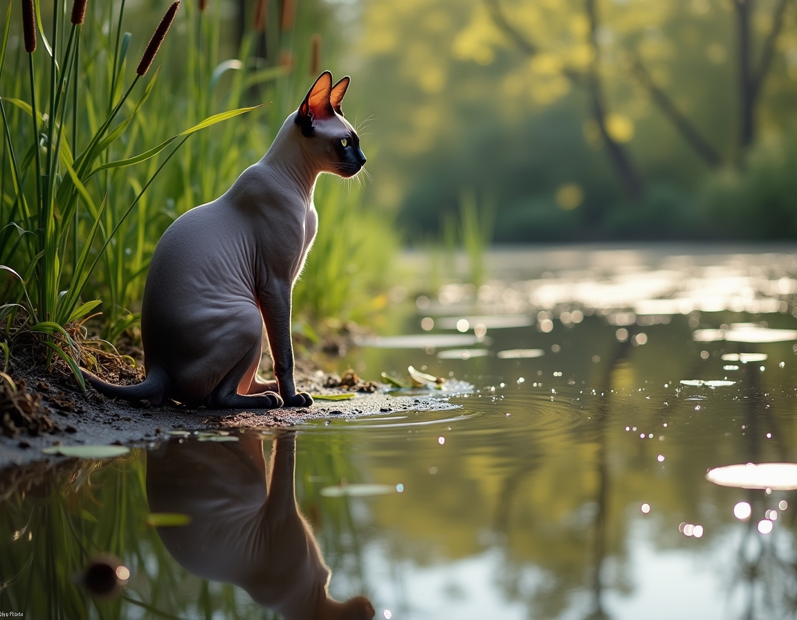 Cat observes a serene countryside pond, reflected in its still waters.