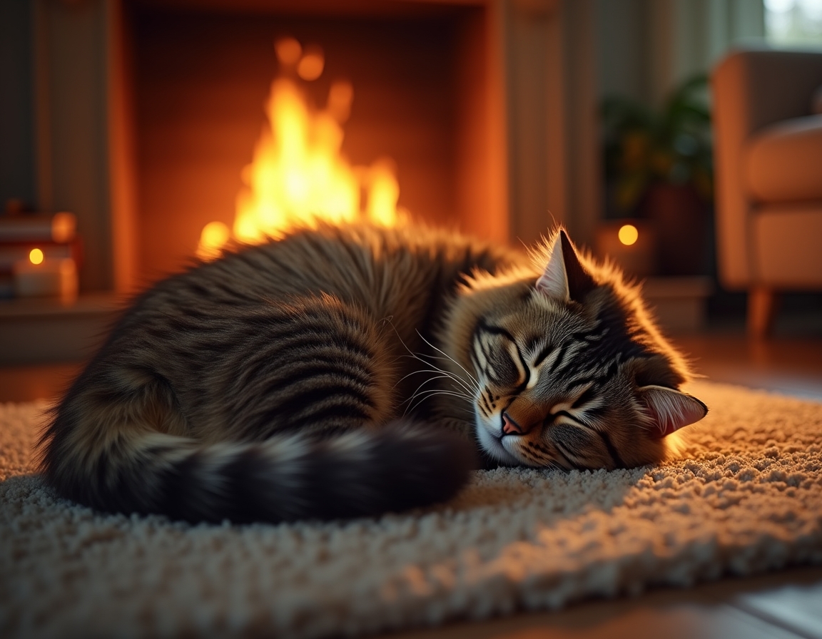 Cat is curled up on a plush rug in front of a glowing fireplace. Its fur glistens in the warm firelight, with cozy living room details like books and candles in the background.