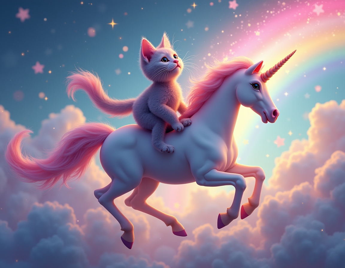 Cat rides a magical unicorn galloping across a rainbow, surrounded by glittering stars and fluffy clouds. The unicorn’s glowing horn creates a dreamy atmosphere.