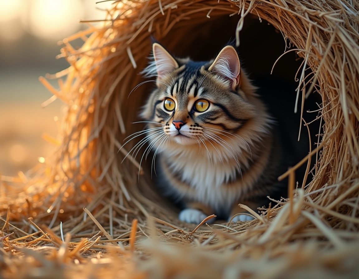 Cat finds a cozy nook within a haystack, soaking in the warmth and calm of the farm.
