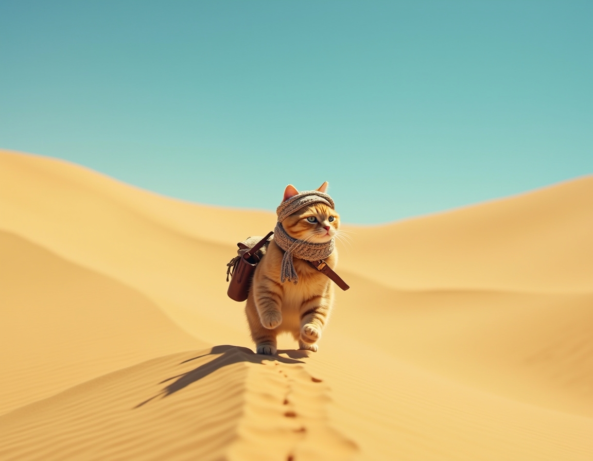 Cat crosses vast desert dunes, guided by the sun’s relentless heat and the promise of hidden oases. The scene is filled with swirling sand, vibrant skies, and an air of adventurous determination.