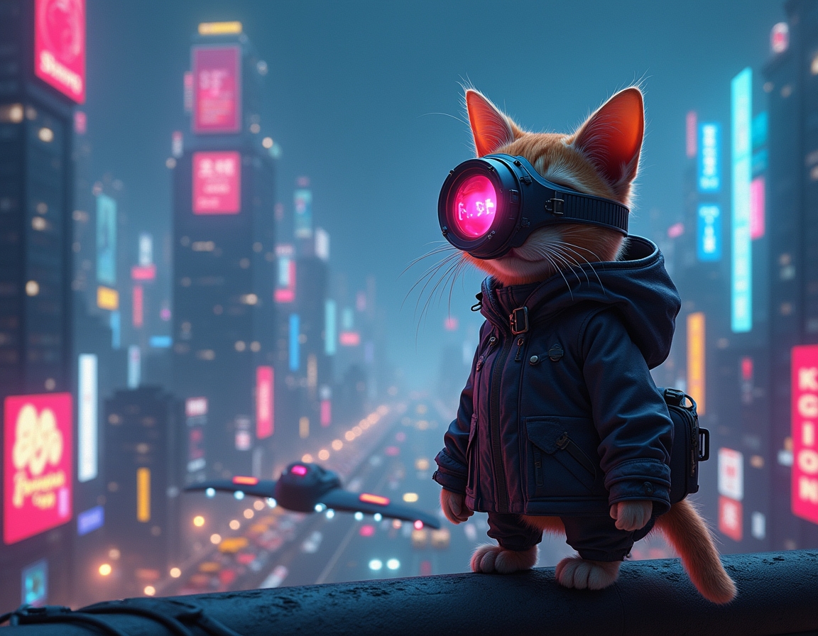 Cat stands on a futuristic skyscraper rooftop, wearing glowing cybernetic goggles. A neon-lit cityscape with flying cars and holograms stretches below.
