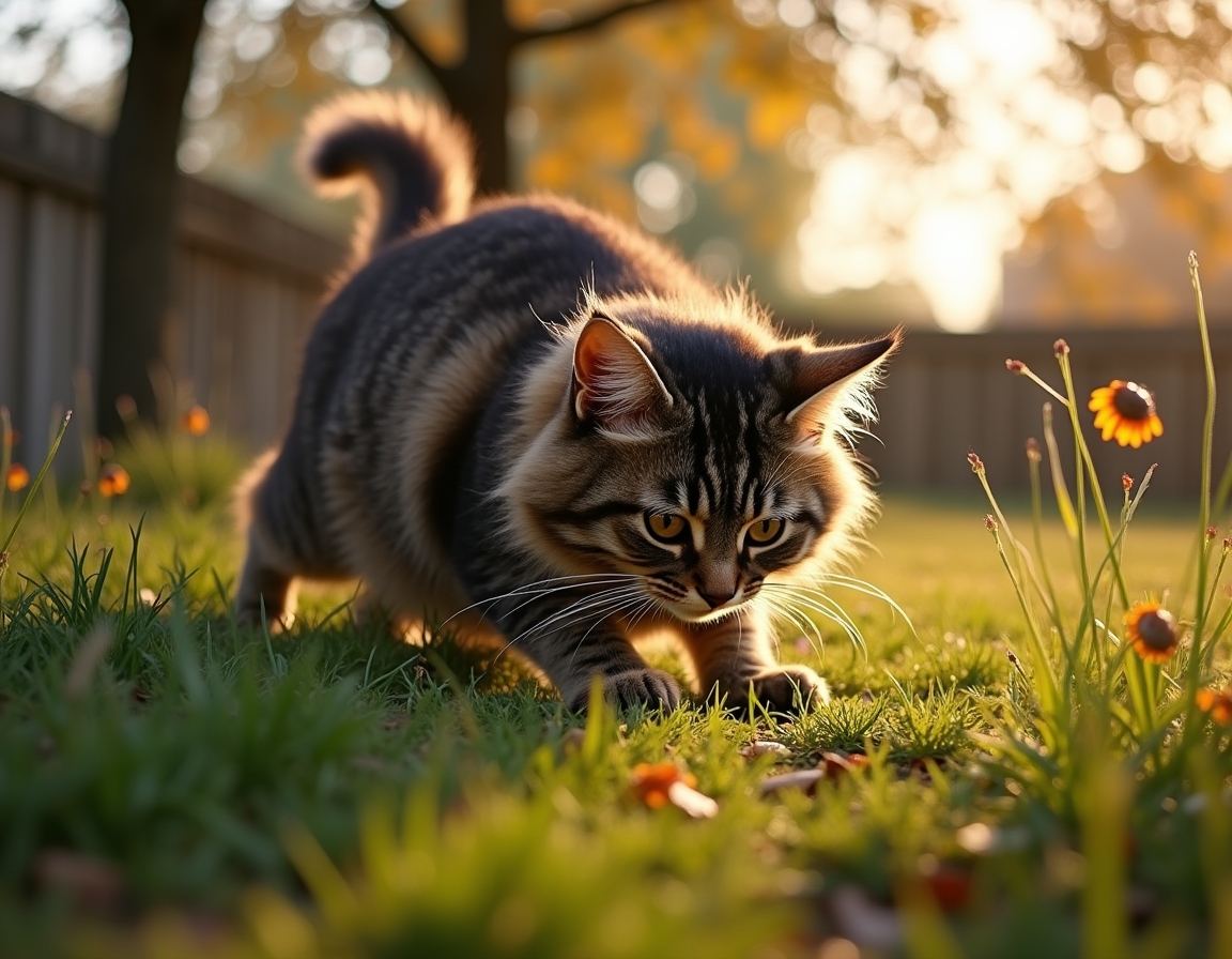 Cat crouches in tall grass, its sharp gaze fixed on a small insect nearby. The warm golden light of sunset and a wooden garden fence frame the scene.