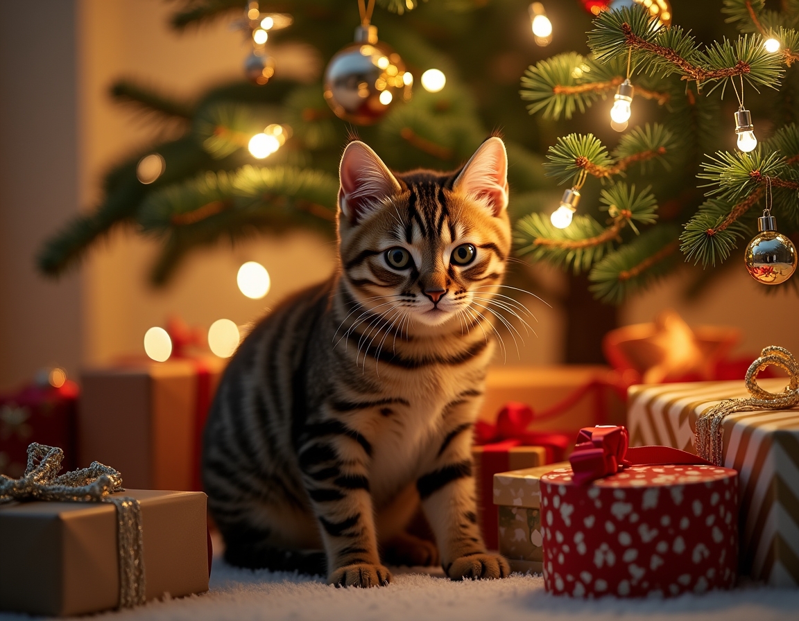 Cat sitting under a beautifully decorated Christmas tree, surrounded by twinkling lights, ornaments, and wrapped presents, with a warm, cozy glow.
