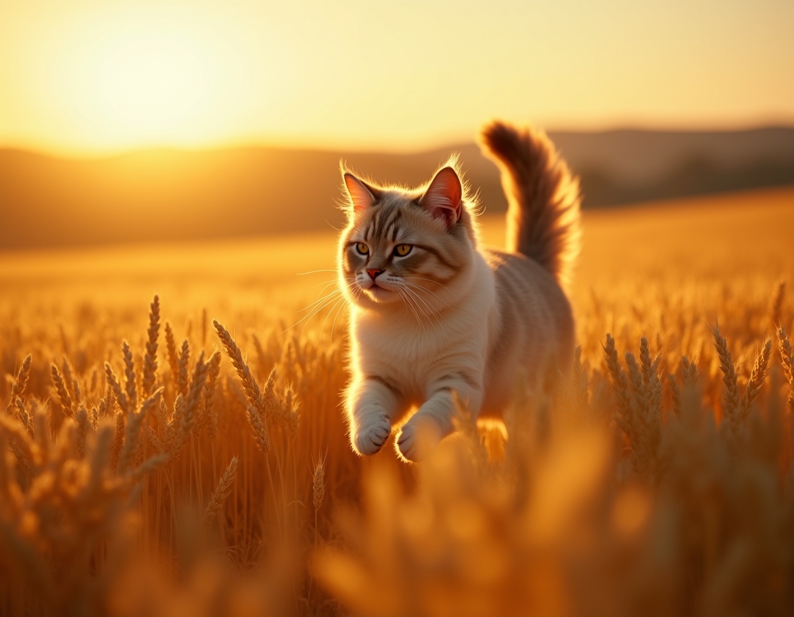 Cat sprints joyfully through a golden field, surrounded by waving wheat and warm light.